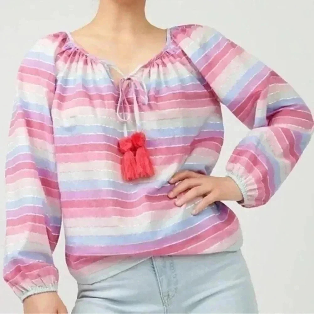 J. Crew | Pastel Stripe Peasant Long Sleeve Top Blouse Size Large L NWT